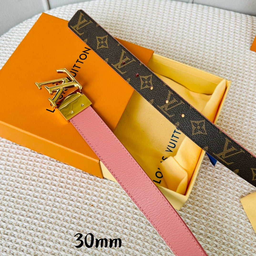 LV Initiales 30mm Reversible Belt Gold Rotating Buckle Pink Brown Leather - 30