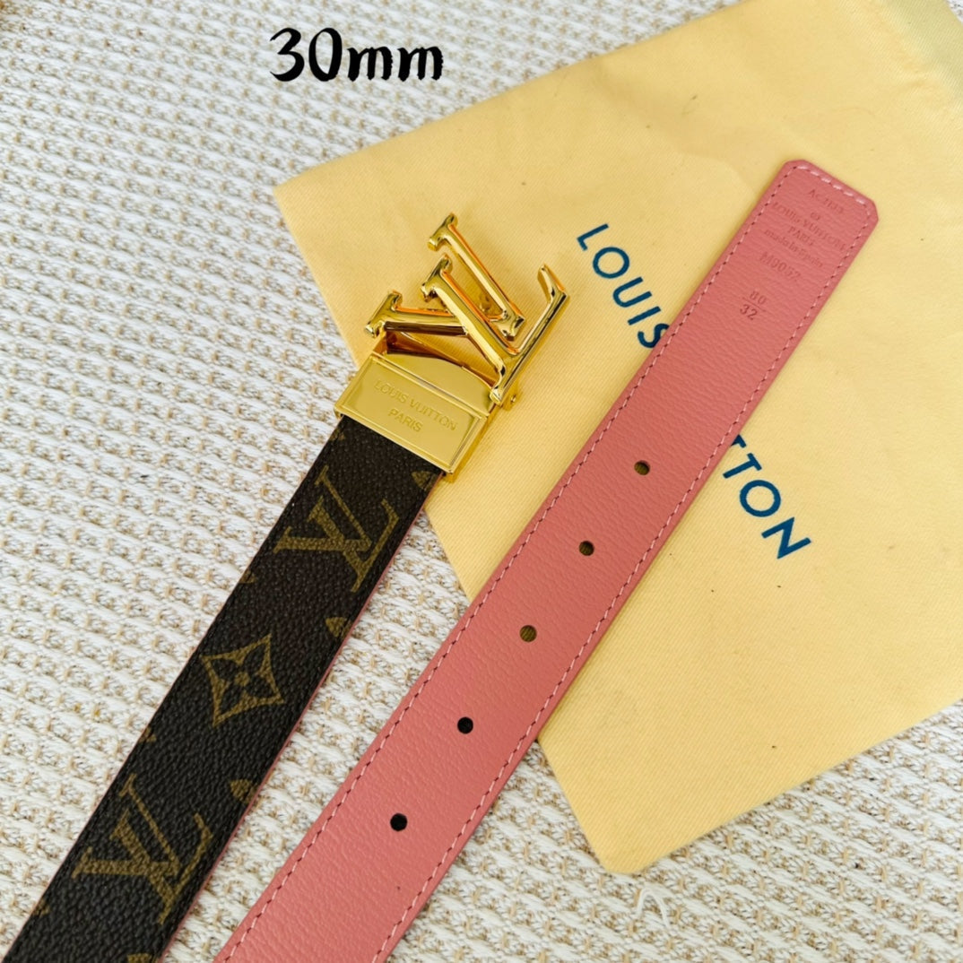 LV Initiales 30mm Reversible Belt Gold Rotating Buckle Pink Brown Leather - 30