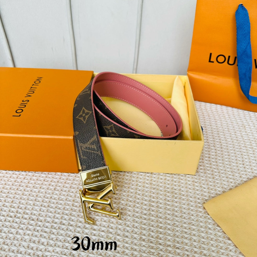 LV Initiales 30mm Reversible Belt Gold Rotating Buckle Pink Brown Leather - 30