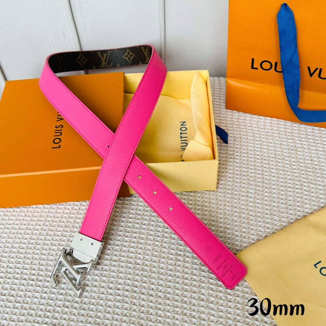 LV Initiales 30mm Reversible Belt Silver Rotating Buckle Hot Pink Brown Leather - 30