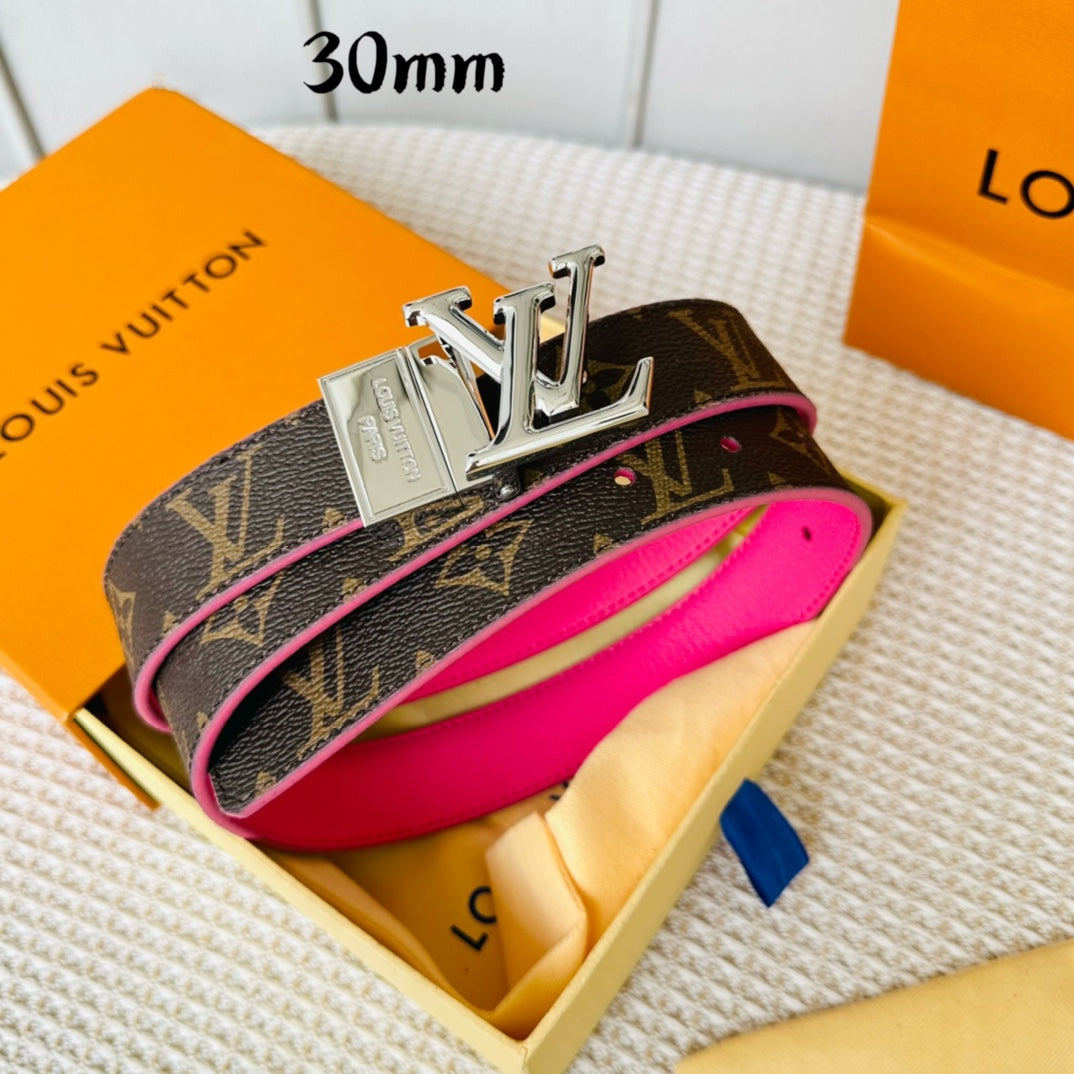 LV Initiales 30mm Reversible Belt Silver Rotating Buckle Hot Pink Brown Leather - 30