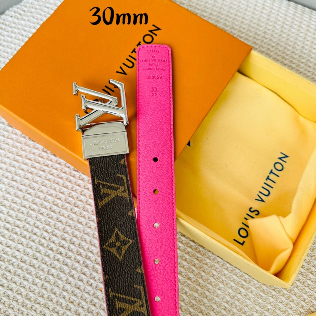 LV Initiales 30mm Reversible Belt Silver Rotating Buckle Hot Pink Brown Leather - 30