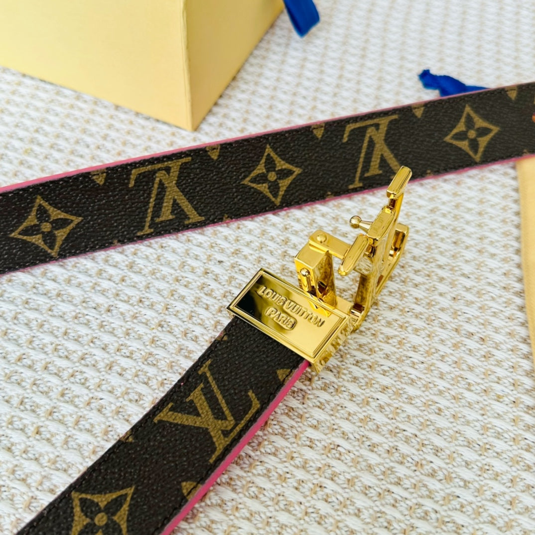 LV Initiales 30mm Reversible Belt Gold Rotating Buckle Hot Pink Brown Leather - 30