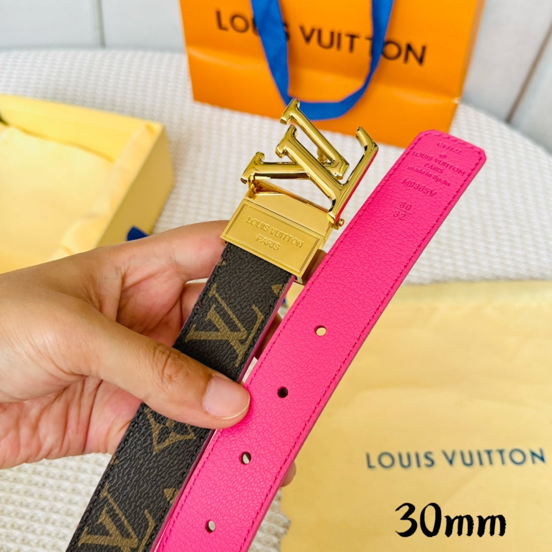 LV Initiales 30mm Reversible Belt Gold Rotating Buckle Hot Pink Brown Leather - 30