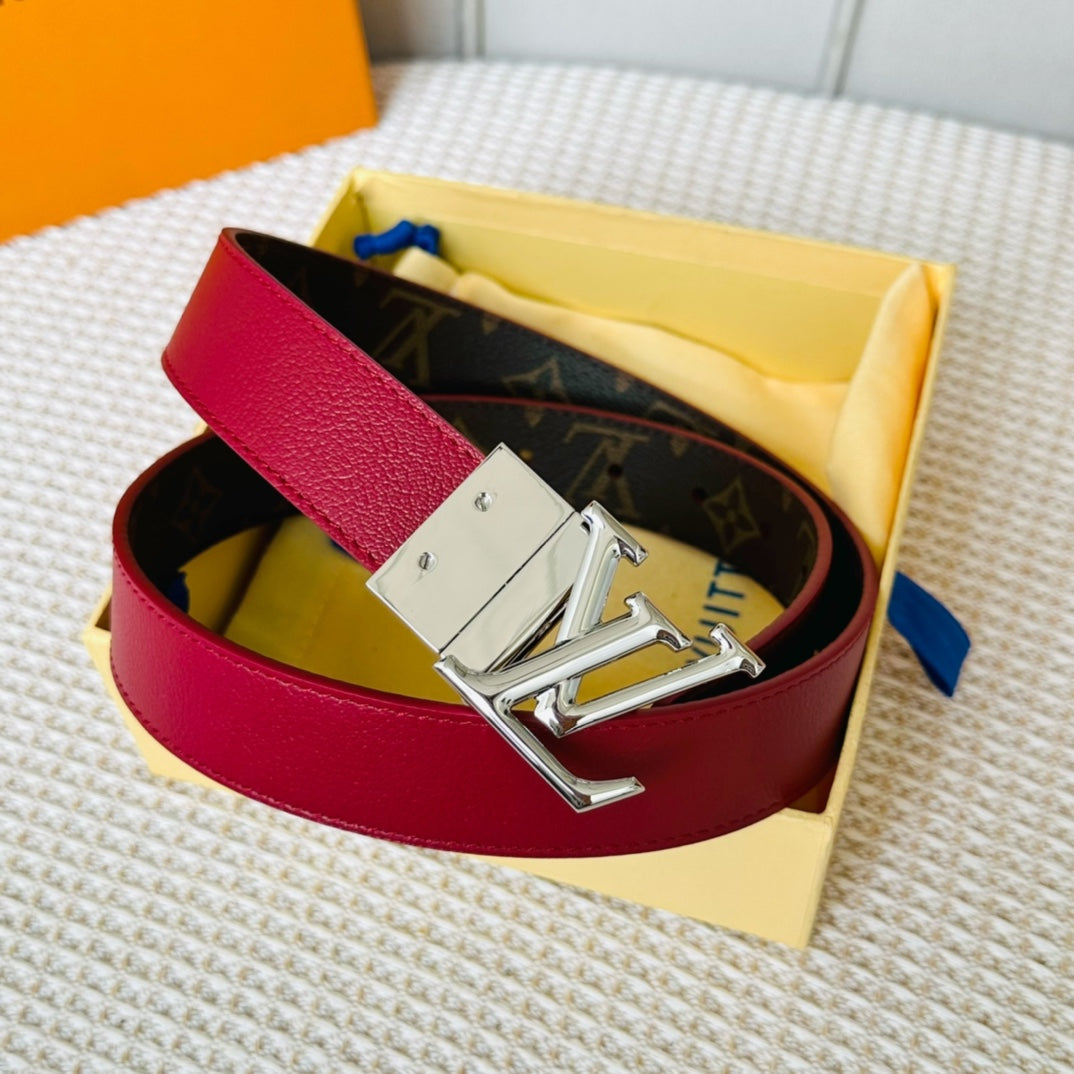 LV Initiales 30mm Reversible Belt Silver Rotating Buckle Burgundy Brown Leather - 30