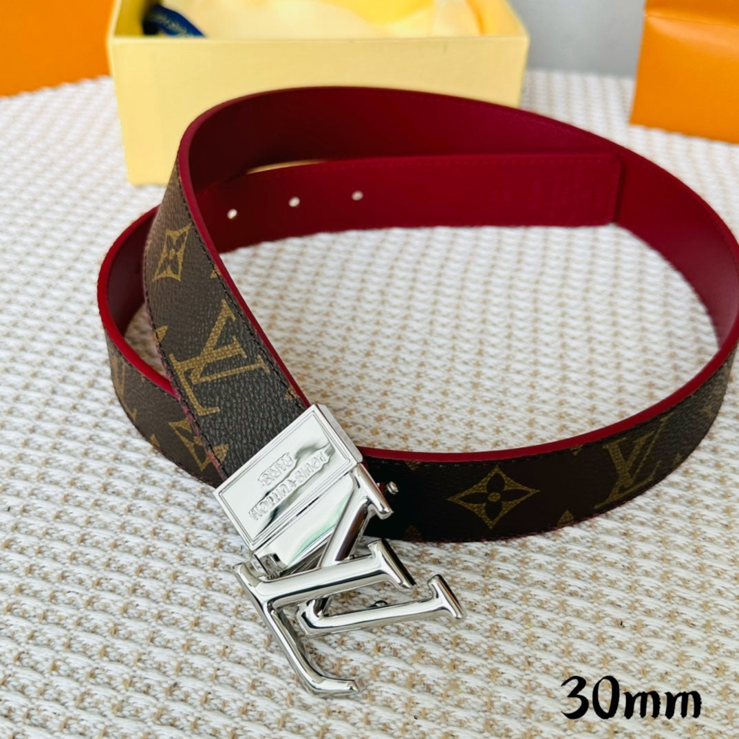 LV Initiales 30mm Reversible Belt Silver Rotating Buckle Burgundy Brown Leather - 30