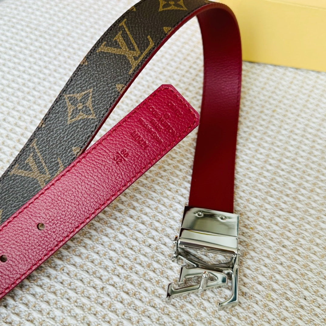 LV Initiales 30mm Reversible Belt Silver Rotating Buckle Burgundy Brown Leather - 30