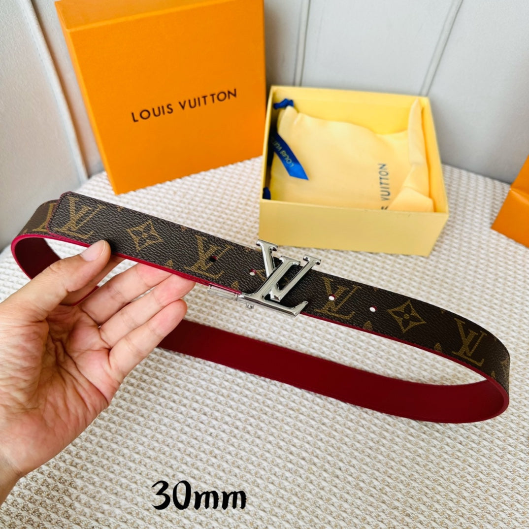 LV Initiales 30mm Reversible Belt Silver Rotating Buckle Burgundy Brown Leather - 30