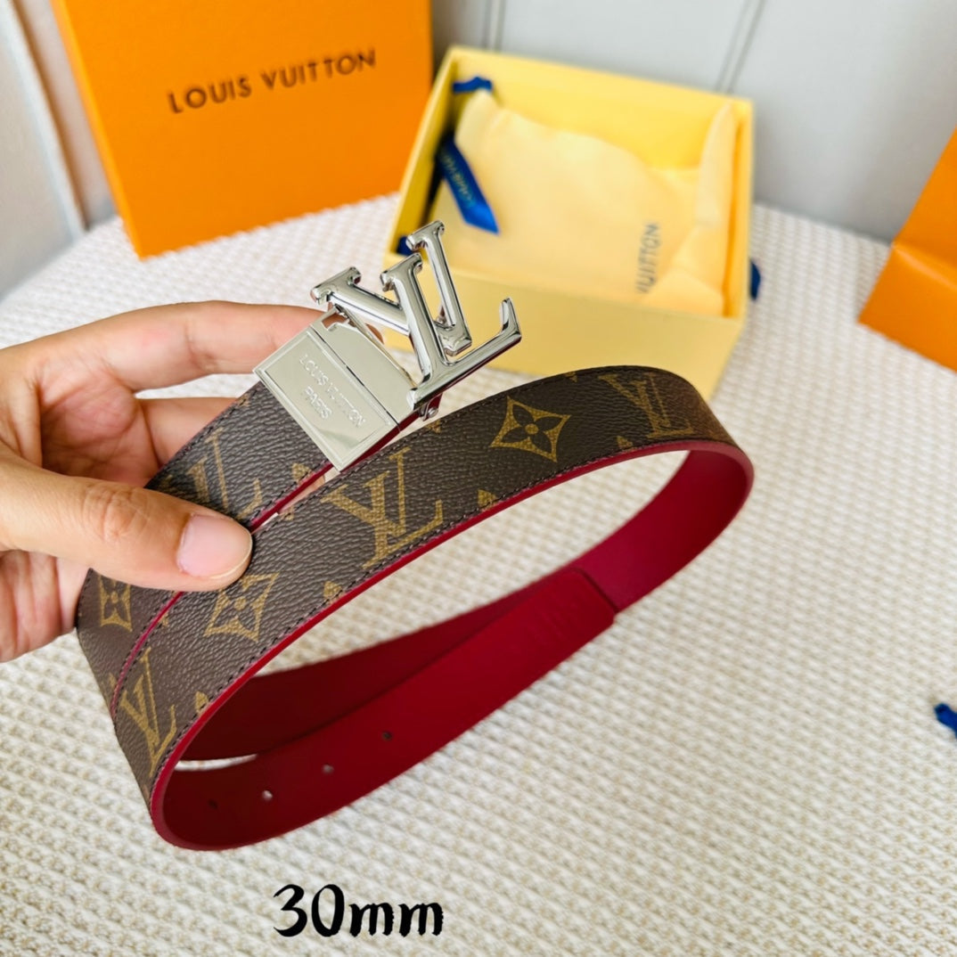 LV Initiales 30mm Reversible Belt Silver Rotating Buckle Burgundy Brown Leather - 30