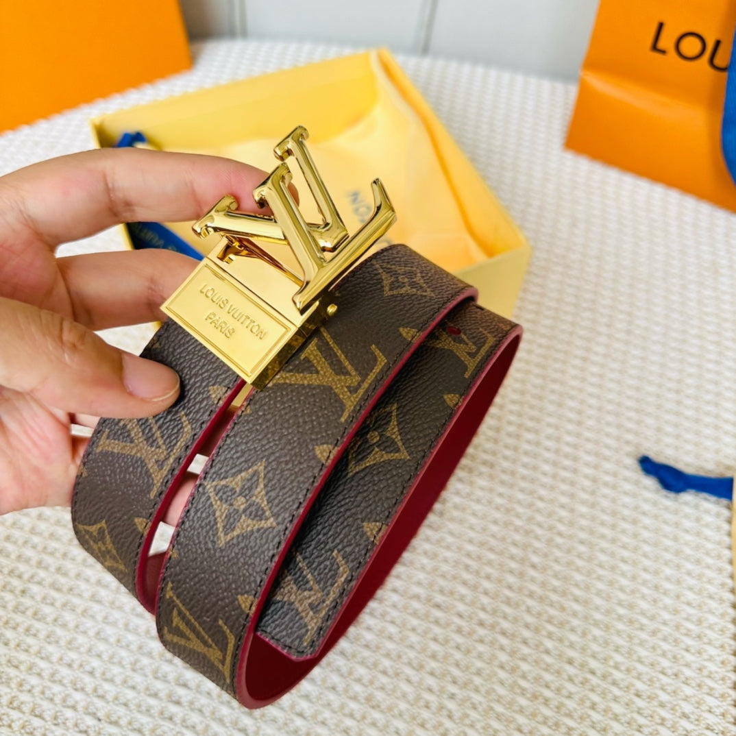 LV Initiales 30mm Reversible Belt Gold Rotating Buckle Burgundy Brown Leather - 30
