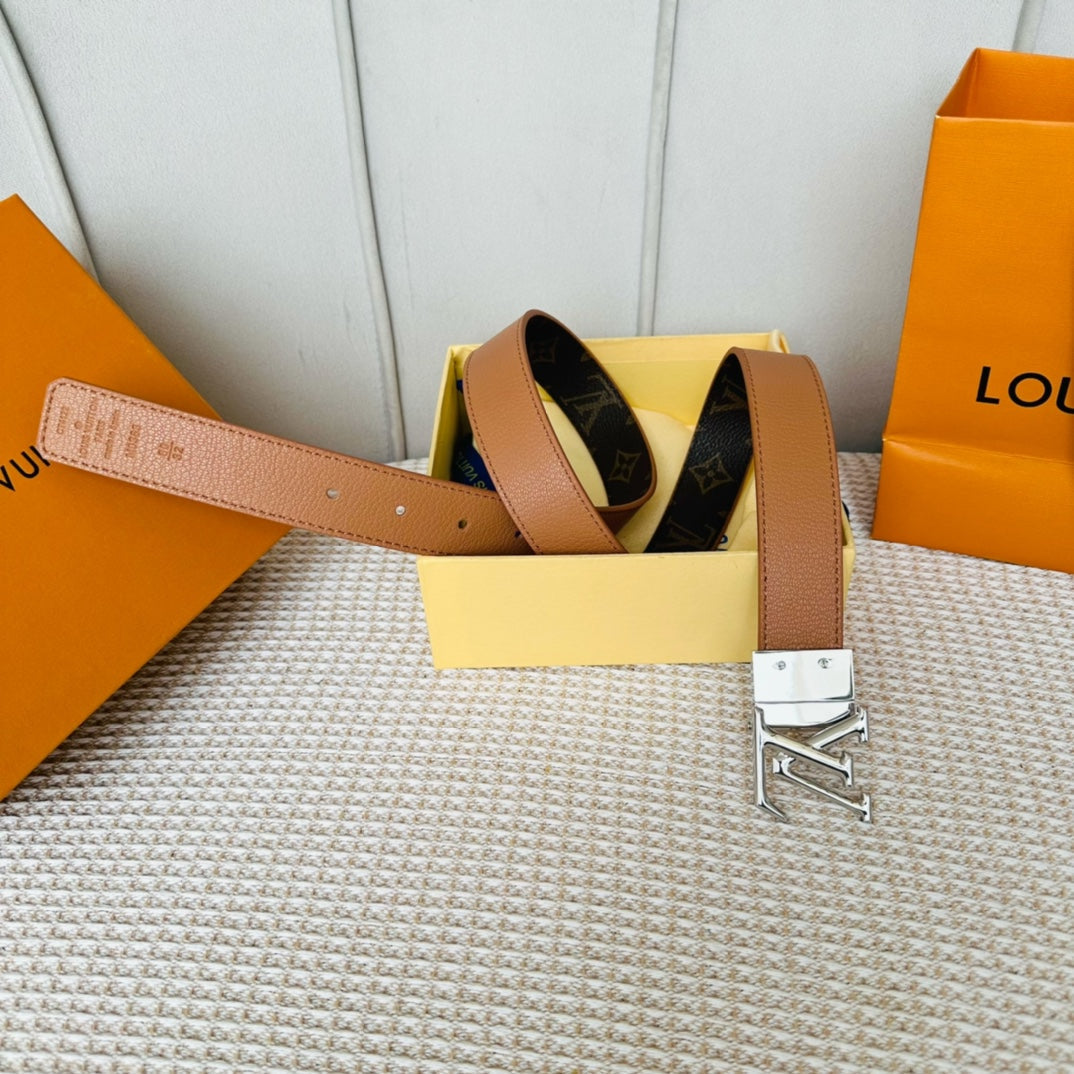 LV Initiales 30mm Reversible Belt Silver Rotating Buckle Tan Brown Leather - 30