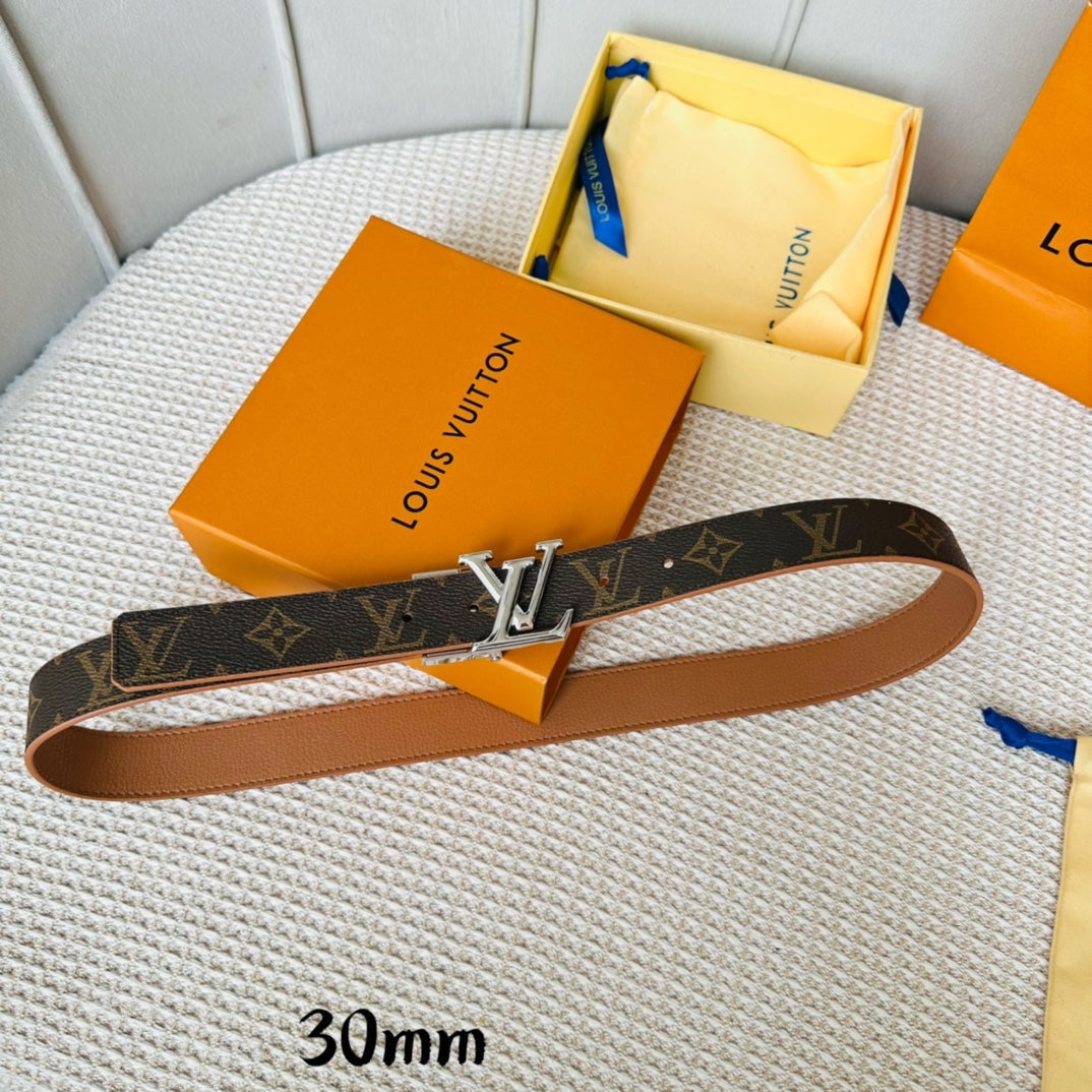 LV Initiales 30mm Reversible Belt Silver Rotating Buckle Tan Brown Leather - 30