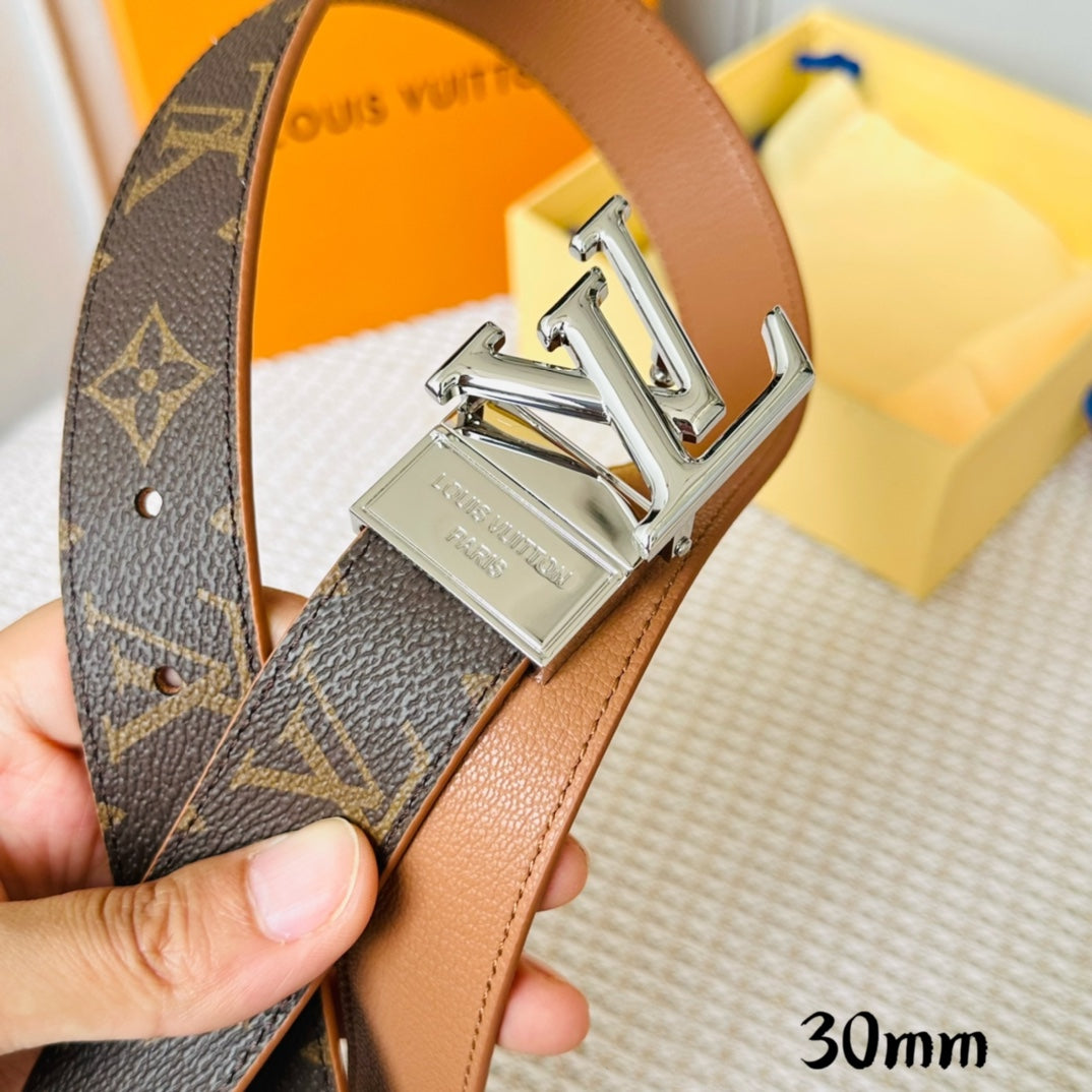 LV Initiales 30mm Reversible Belt Silver Rotating Buckle Tan Brown Leather - 30