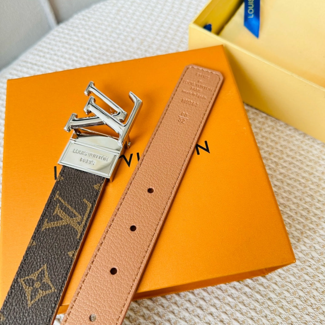 LV Initiales 30mm Reversible Belt Silver Rotating Buckle Tan Brown Leather - 30