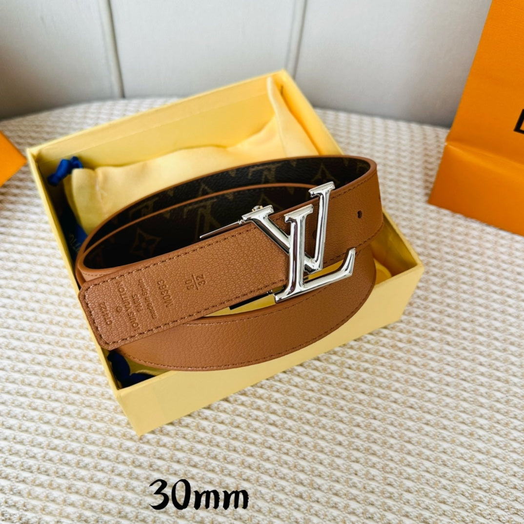 LV Initiales 30mm Reversible Belt Silver Rotating Buckle Tan Brown Leather - 30