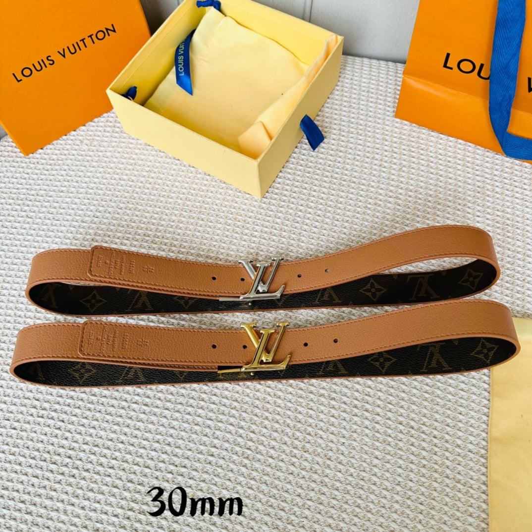 LV Initiales 30mm Reversible Belt Silver Rotating Buckle Tan Brown Leather - 30