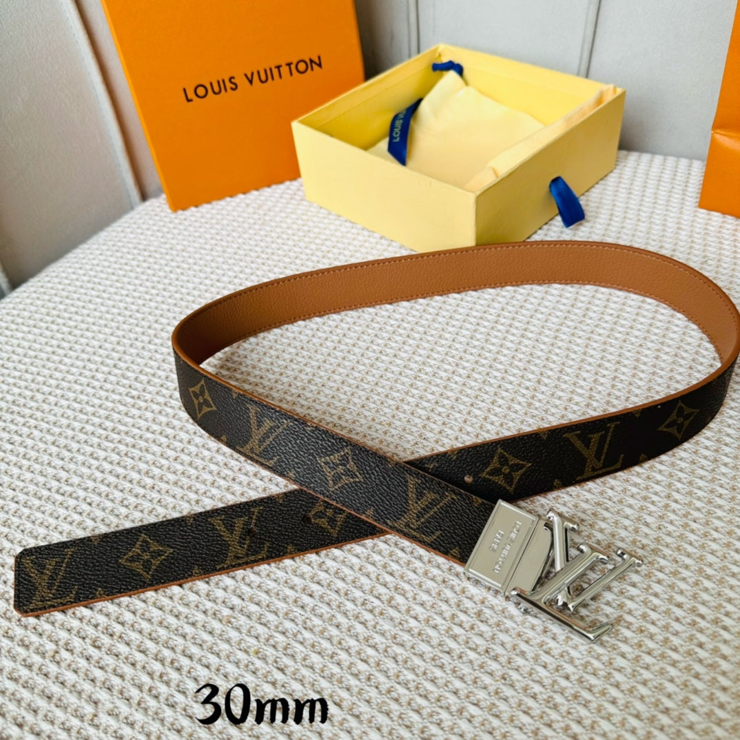 LV Initiales 30mm Reversible Belt Silver Rotating Buckle Tan Brown Leather - 30