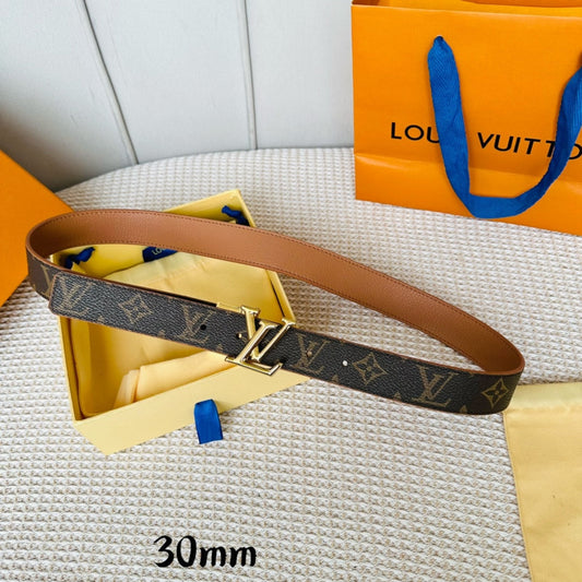 LV Initiales 30mm Reversible Belt Gold Rotating Buckle Tan Brown Leather - 30
