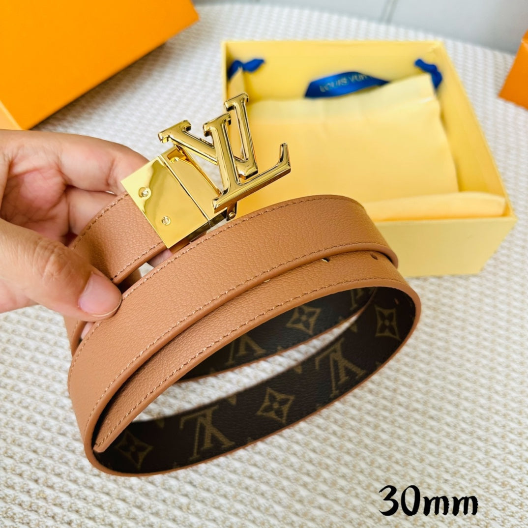 LV Initiales 30mm Reversible Belt Gold Rotating Buckle Tan Brown Leather - 30
