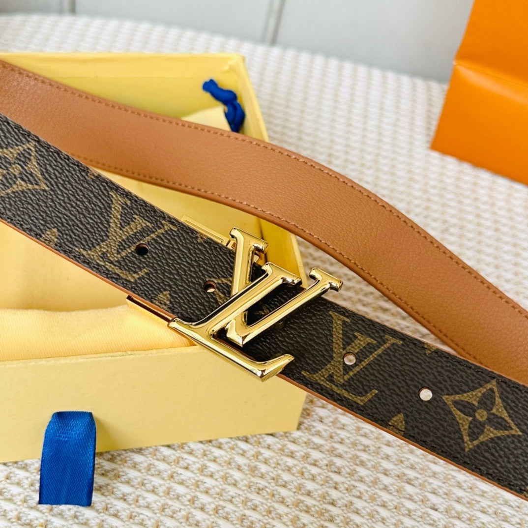 LV Initiales 30mm Reversible Belt Gold Rotating Buckle Tan Brown Leather - 30