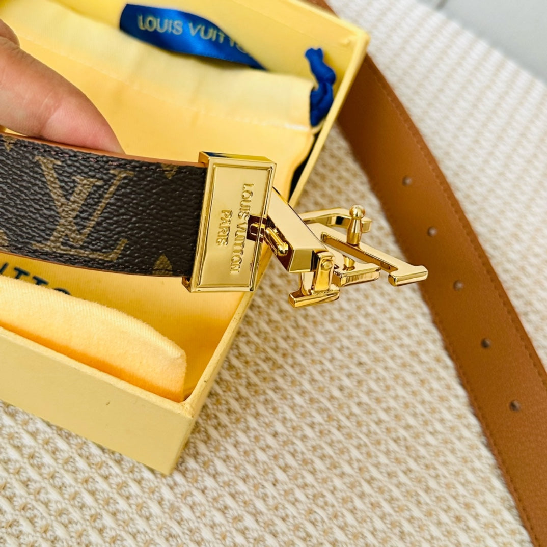 LV Initiales 30mm Reversible Belt Gold Rotating Buckle Tan Brown Leather - 30
