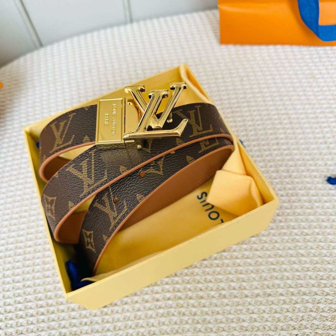 LV Initiales 30mm Reversible Belt Gold Rotating Buckle Tan Brown Leather - 30
