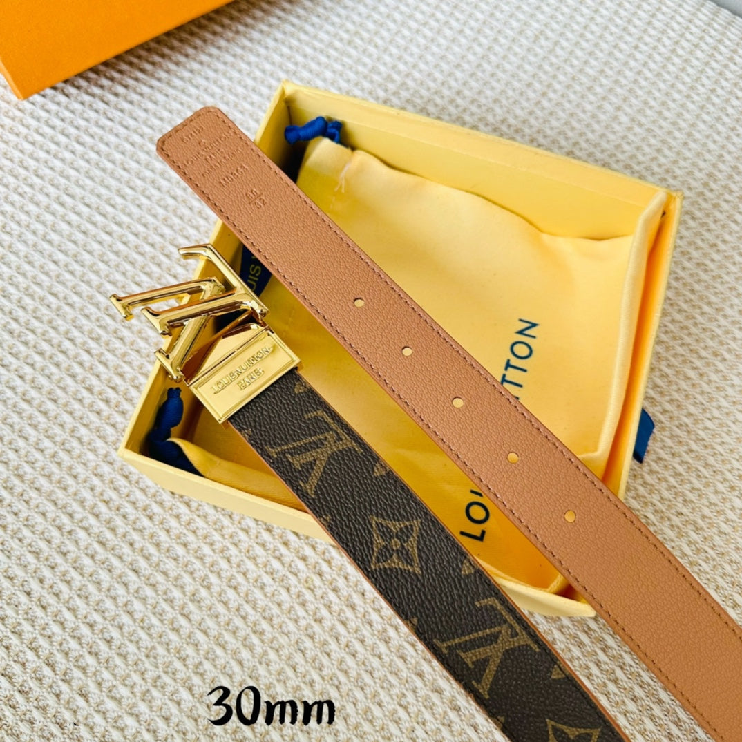 LV Initiales 30mm Reversible Belt Gold Rotating Buckle Tan Brown Leather - 30
