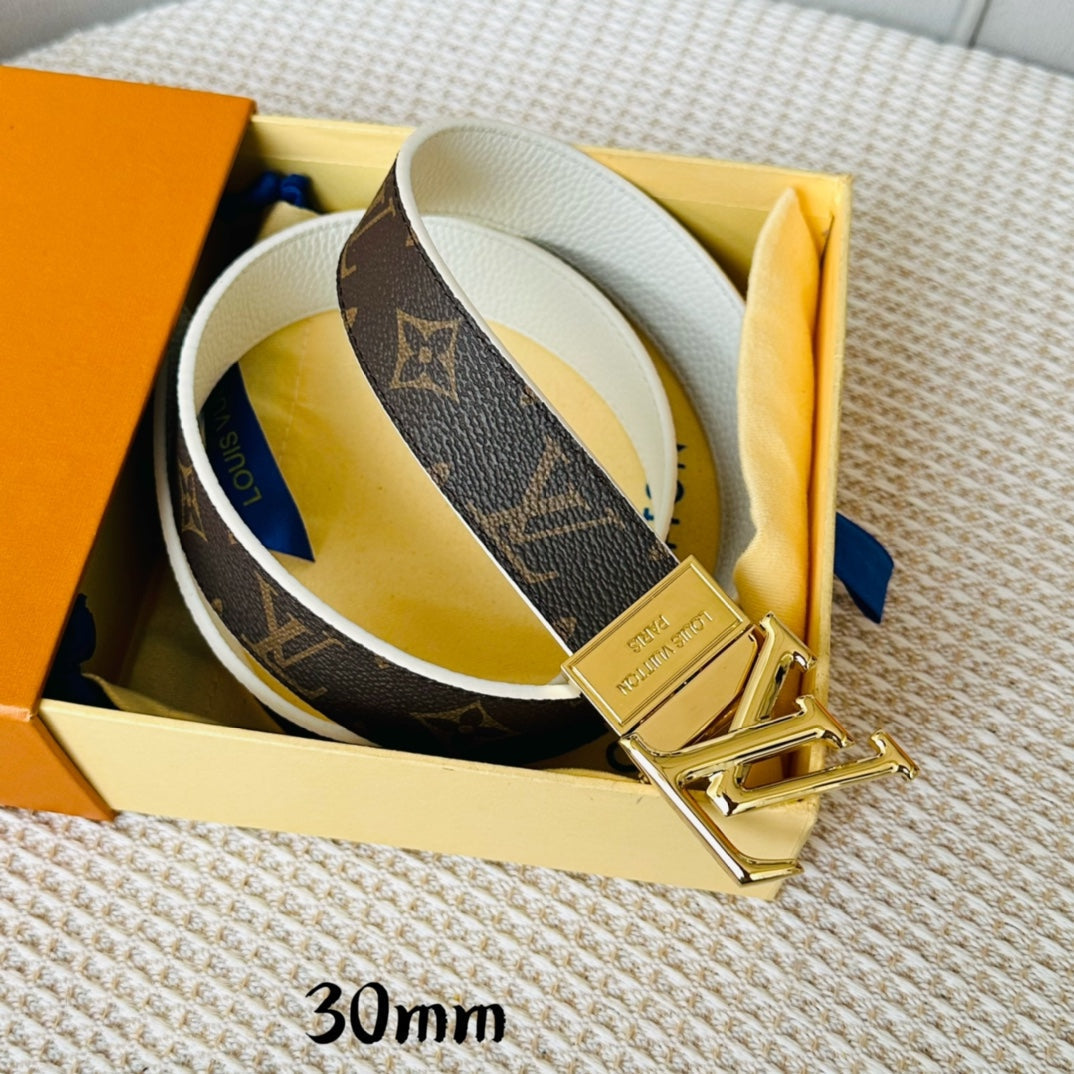 LV Initiales 30mm Reversible Belt Gold Rotating Buckle White Brown Leather - 30