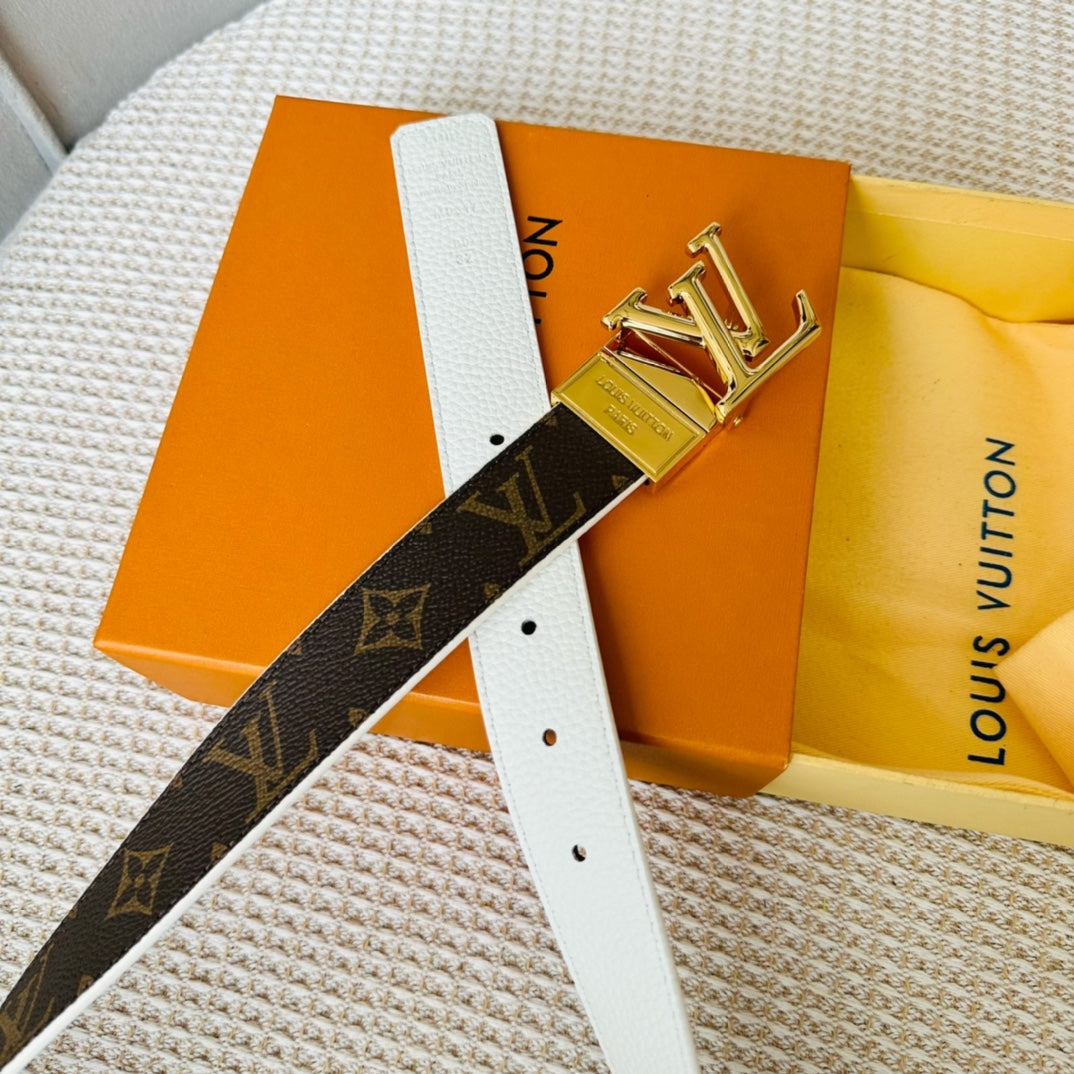 LV Initiales 30mm Reversible Belt Gold Rotating Buckle White Brown Leather - 30