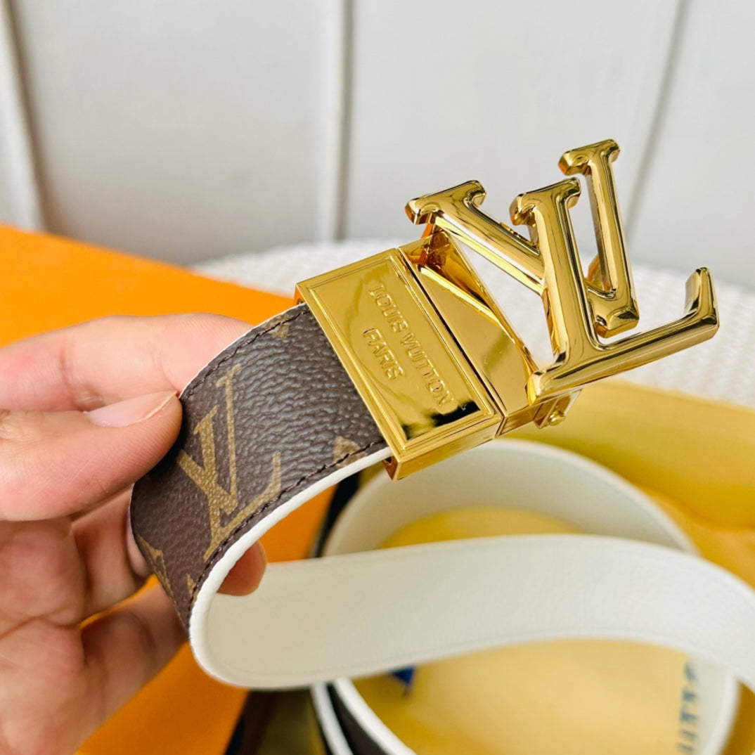 LV Initiales 30mm Reversible Belt Gold Rotating Buckle White Brown Leather - 30