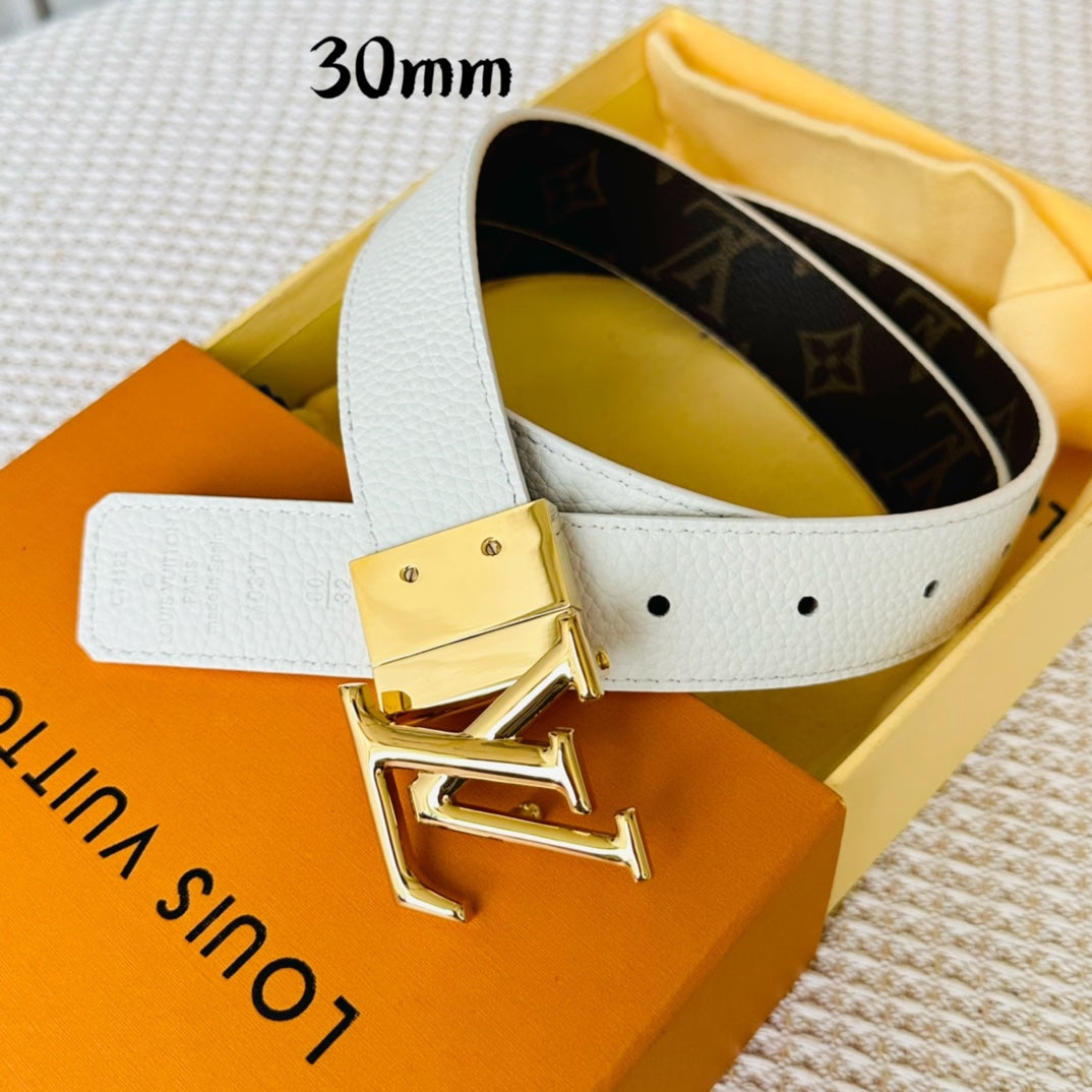 LV Initiales 30mm Reversible Belt Gold Rotating Buckle White Brown Leather - 30
