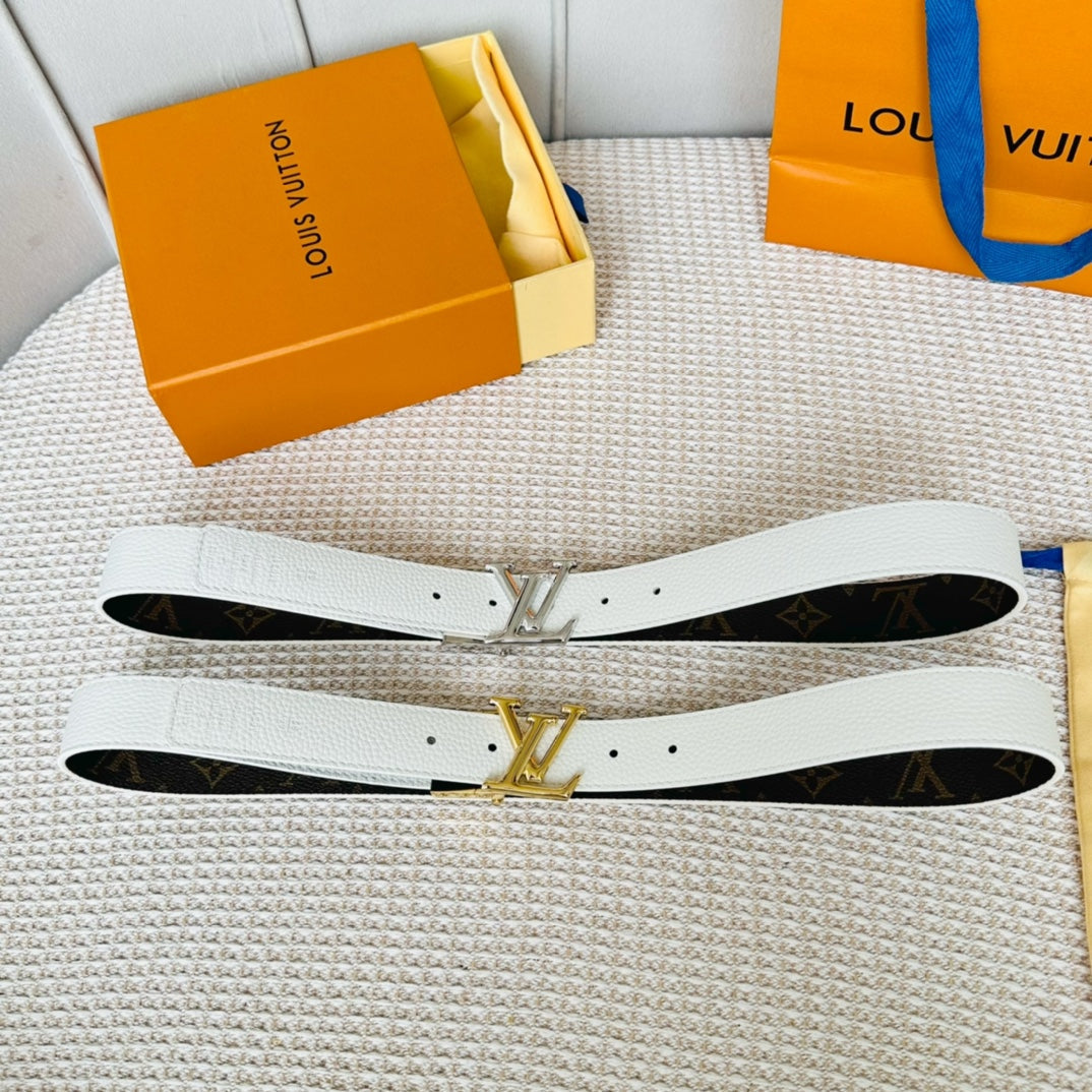 LV Initiales 30mm Reversible Belt Gold Rotating Buckle White Brown Leather - 30