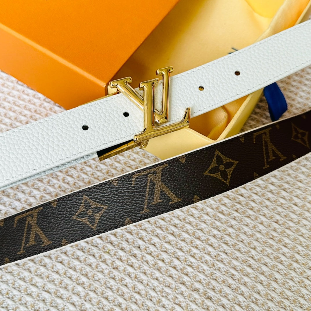 LV Initiales 30mm Reversible Belt Gold Rotating Buckle White Brown Leather - 30