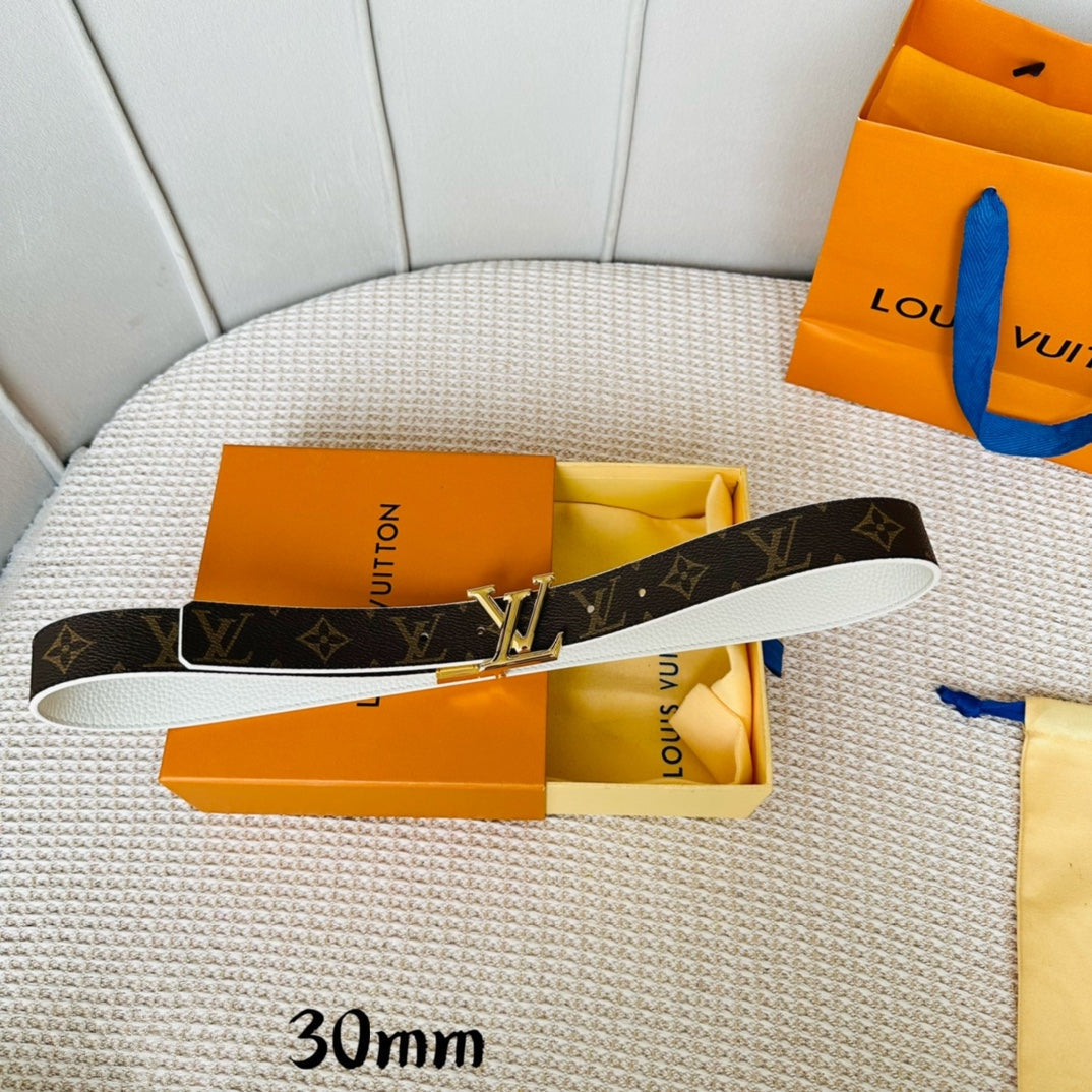 LV Initiales 30mm Reversible Belt Gold Rotating Buckle White Brown Leather - 30