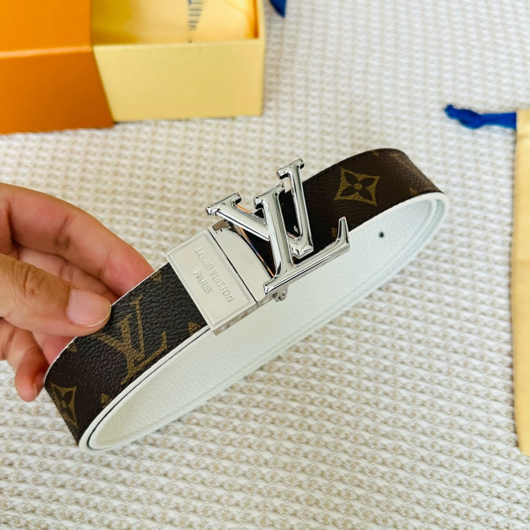 LV Initiales 30mm Reversible Belt Silver Rotating Buckle White Brown Leather - 30
