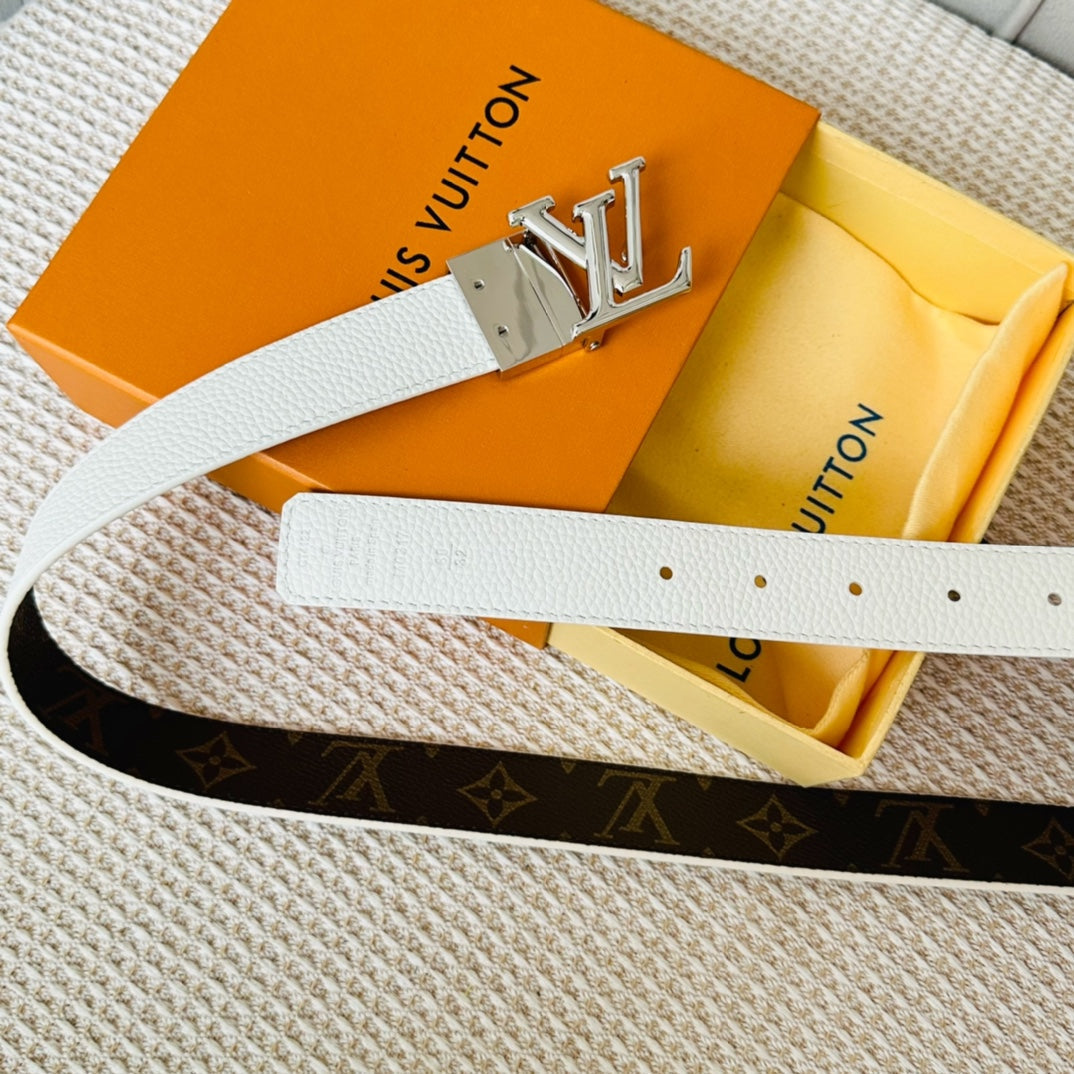 LV Initiales 30mm Reversible Belt Silver Rotating Buckle White Brown Leather - 30