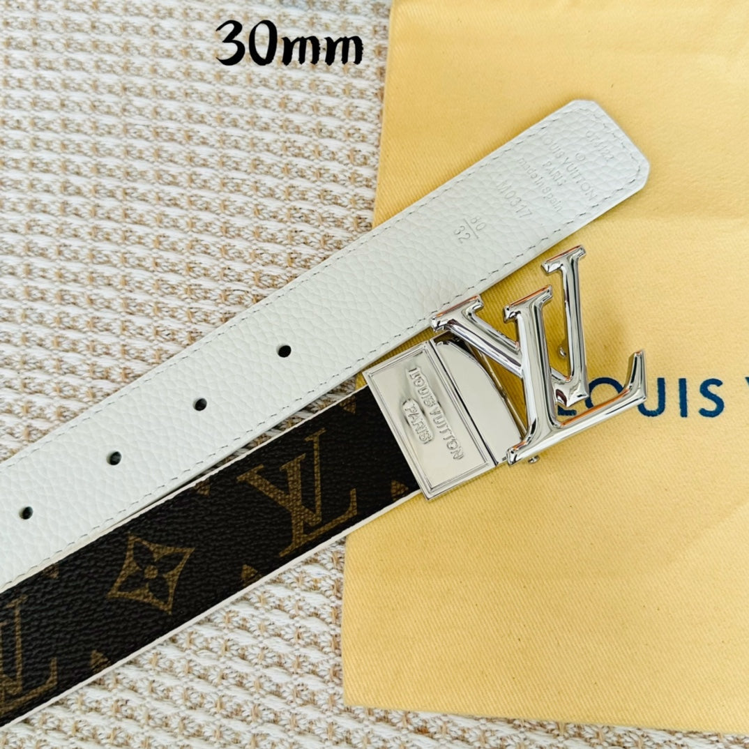LV Initiales 30mm Reversible Belt Silver Rotating Buckle White Brown Leather - 30