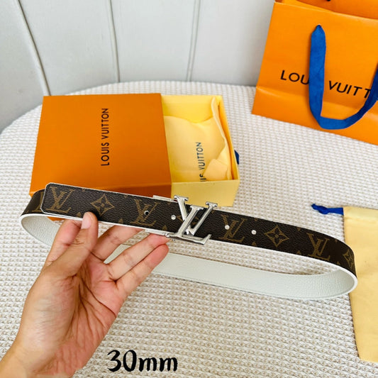 LV Initiales 30mm Reversible Belt Silver Rotating Buckle White Brown Leather - 30