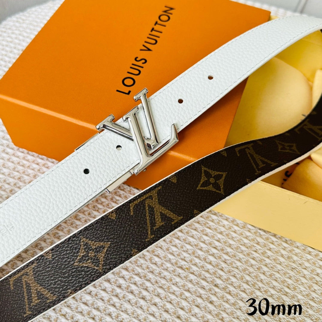 LV Initiales 30mm Reversible Belt Silver Rotating Buckle White Brown Leather - 30
