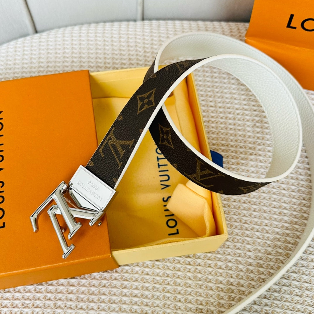 LV Initiales 30mm Reversible Belt Silver Rotating Buckle White Brown Leather - 30