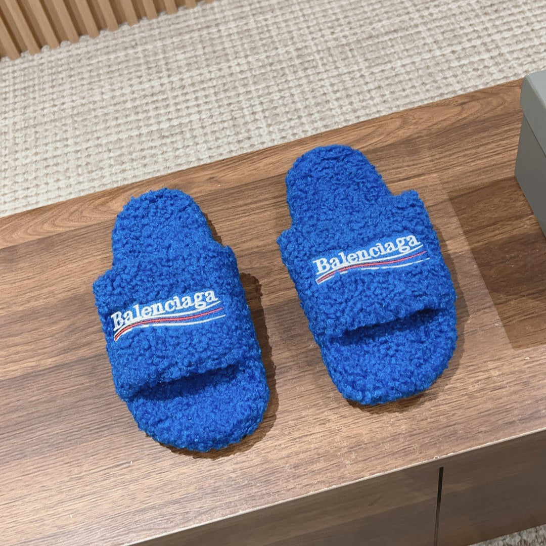 FURRY SLIDES IN COBALT BLUE CURLY SHEARLING - 35