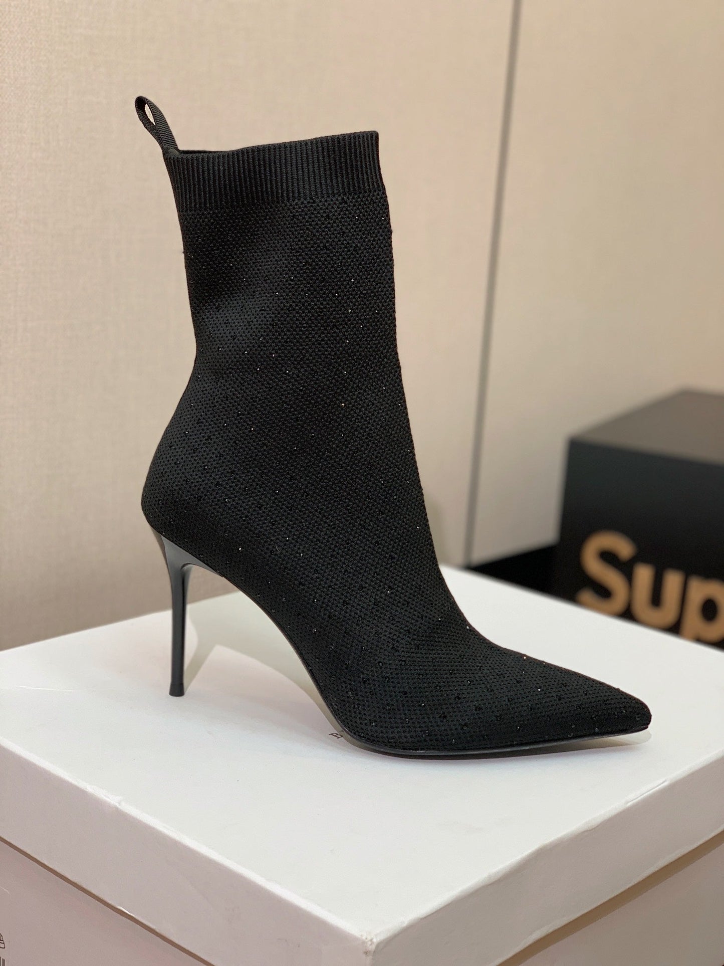 Черевики BALMAIN 26S 105 ММ, ЧОРНИЙ FLYKNIT, ЗІ СТРАЗАМИ, МОДЕЛЬ 22
