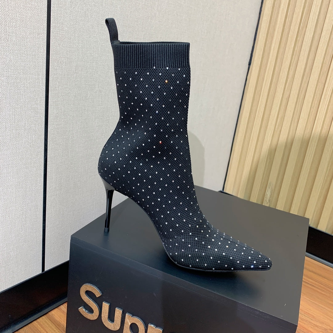ЧОБОТИ BALMAIN 26S 105 ММ З ЧОРНОГО МАТЕРІАЛУ FLYKNIT, ОЗДОБЛЕНІ КАМІННЯМ. МОДЕЛЬ 21