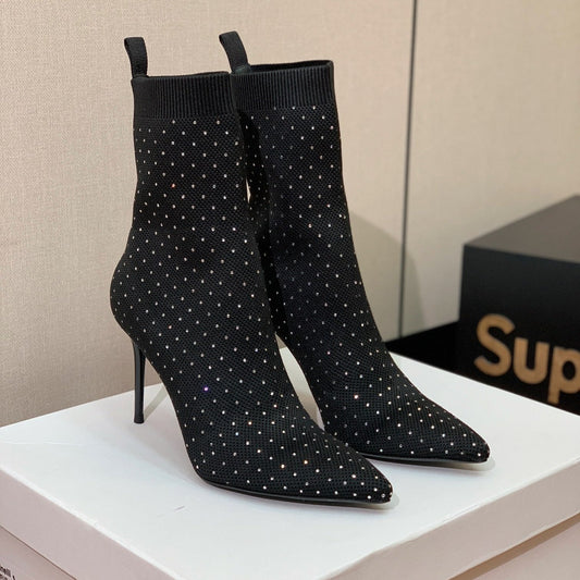 ЧОБОТИ BALMAIN 26S 105 ММ З ЧОРНОГО МАТЕРІАЛУ FLYKNIT, ОЗДОБЛЕНІ КАМІННЯМ. МОДЕЛЬ 21