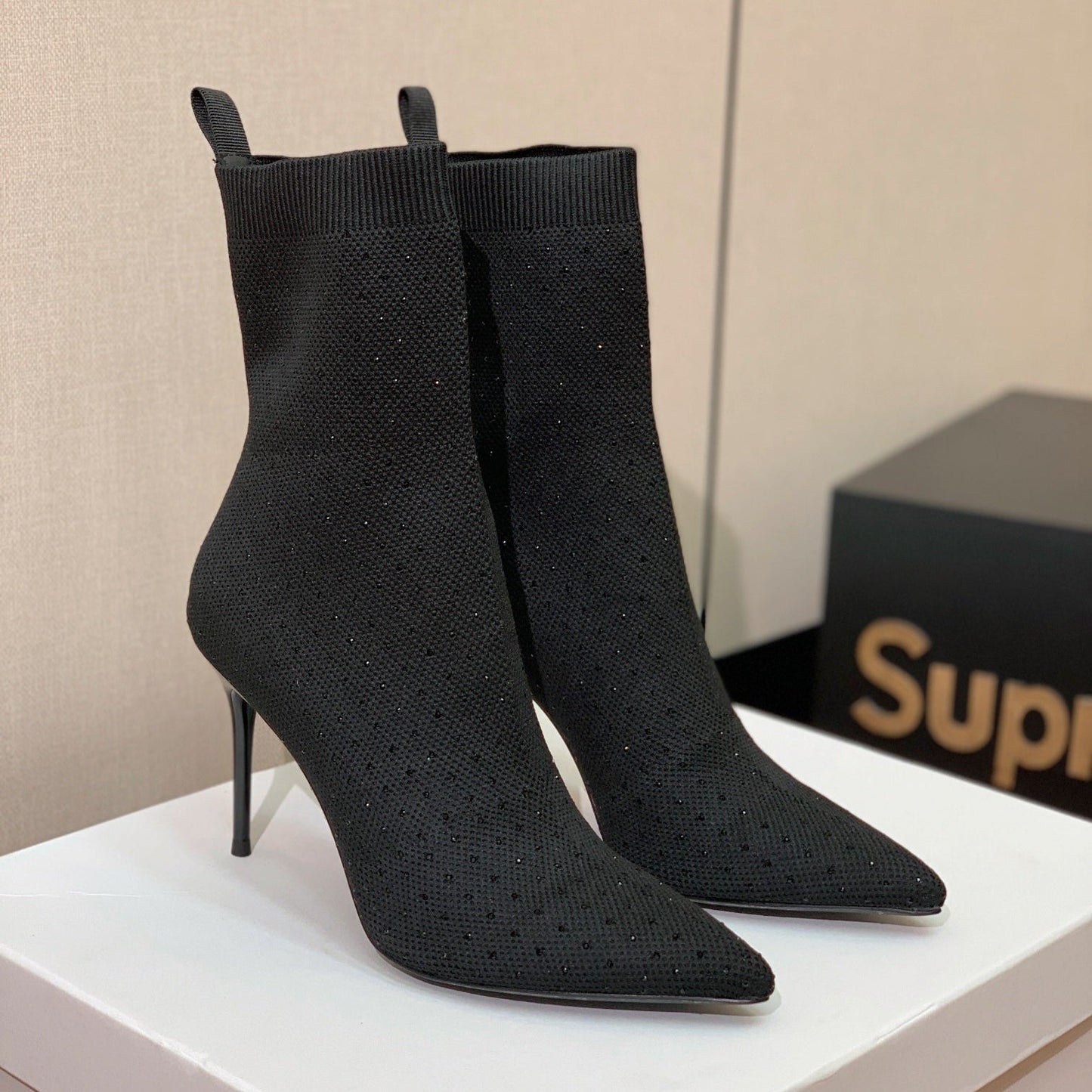 Черевики BALMAIN 26S 105 ММ, ЧОРНИЙ FLYKNIT, ЗІ СТРАЗАМИ, МОДЕЛЬ 22