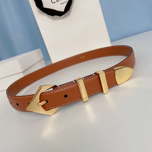 Medium Spike Belt 25mm Tan Calfskin Loop Gold Ghw - 30