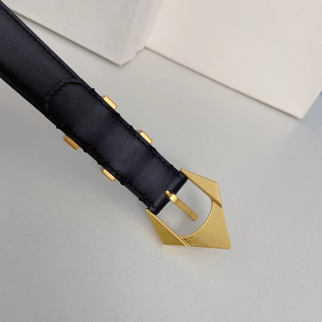 Medium Spike Belt 25mm Black Calfskin Loop Gold Gold Finishing - 30