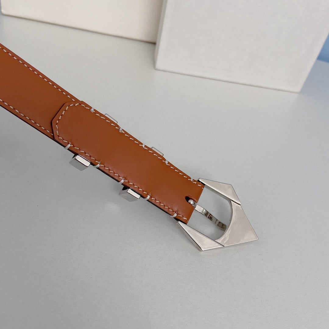 Medium Spike Belt 25mm Tan Calfskin Loop Silver Shw - 30