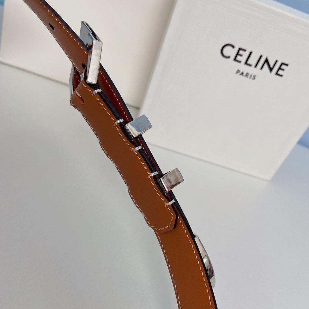 Medium Spike Belt 25mm Tan Calfskin Loop Silver Shw - 30