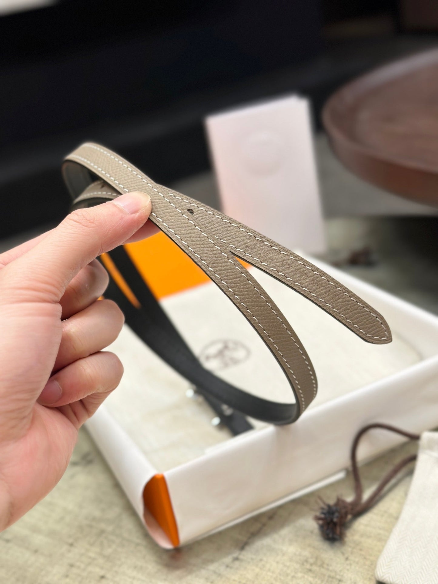 HM FOCUS BUCKLE & REVERSIBLE KHAKI BROWN AND BLACK LEATHER STRAP 13MM SILVER HARDWARE - 30